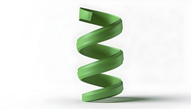 Three dimensional render of green spiral ribbon against white background, AI generated