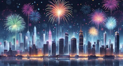 Wallpaper illustration of a cityscape on New Year's Eve, with glowing skyscrapers and floating