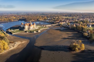 Aerial view of lake and castle Moritzburg near Dresden, autumn colors, Germany, Europe