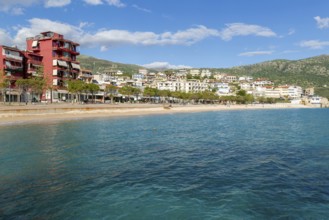 Turquoise blue sea at town beach of Himare, Albanian Riviera, Albania, Europe