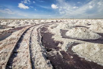 Ssalt mine with rails at Sambhar Lake, Sambhar, Rajasthan, India, Asia