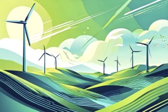 Abstract wallpaper illustration of interconnected wind turbines, represented by flowing lines and