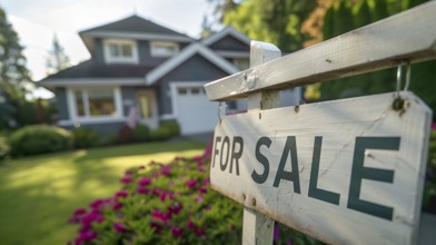 Home for sale real estate sign in front of house. generative AI, AI generated