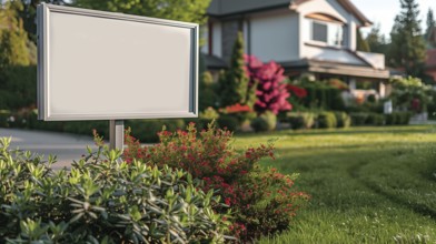 Blank real estate sign ready for your message in front of house. generative AI, AI generated