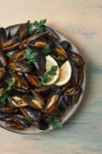 Fresh, Boiled mussels, Black Sea, with parsley and lemon, no people