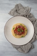 Spaghetti Bolognese, top view, close-up, no people, homemade