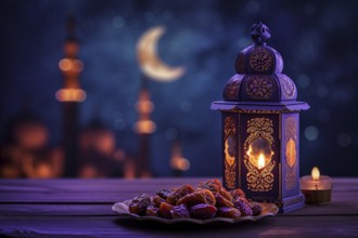 Ramadan lantern with a plate of succulent figs in violet purple tones with mosque and moon, set on