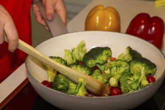 Vegan cooking: Close-up of a pan with broccoli, carrots and cocktail tomatoes