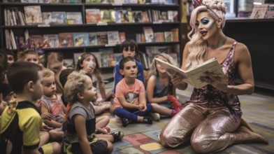 Drag queen reading A book to several young children in a bookstore, AI generated