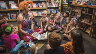 Drag queen reading A book to several young children in a bookstore, AI generated