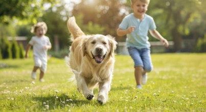 Happy smiling family with children playing with a golden retriever at home lawn, AI generated