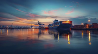 International container cargo ships docked in port near warehouse storage and cranes, AI generated