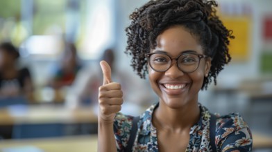 Proud african american female teacher giving a bright smile and a thumbs up in her classroom.