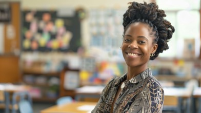 Proud smiling african american female teacher standing in her classroom. generative AI, AI