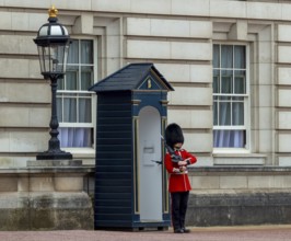 A guard in red uniform stands in front of a guardhouse next to a lantern at Buckingham Palace,