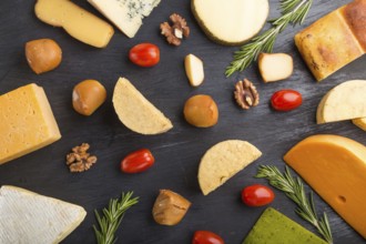 Set of different types of cheese with rosemary and tomatoes on a black wooden background. Top view,