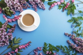 Purple lilac and bleeding heart flowers and a cup of coffee on pastel blue background. Morninig,