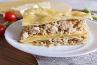 Lasagna with minced meat and cheese on brown wooden background. close up