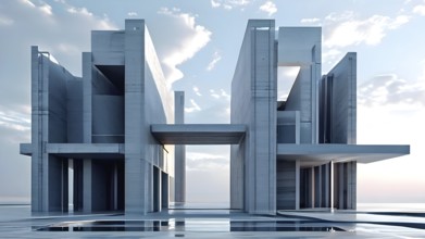 Minimalistic grey colored architecture in geometric adorned structures against a surreal backdrop,