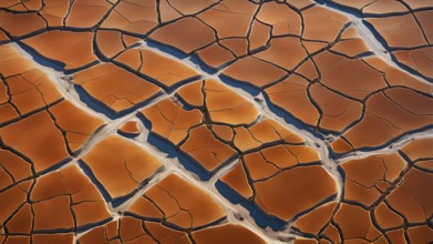 Aerial perspective of a salt and clay pan revealing the intricate patterns of its broken surface,