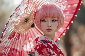 Beautiful young woman with pink hair and kimono with umbrella. KI generiert, generiert, AI