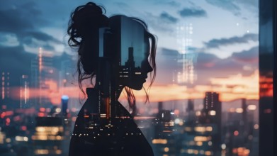 AI generated profile of a businesswoman with a double exposure of city lights, representing