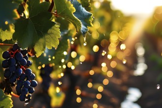 AI generated active vineyard irrigation system bathing under the blazing summer sunlight