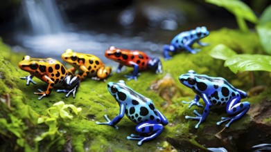 Brightly colored poison dart frogs converging around a translucent stream, AI generated