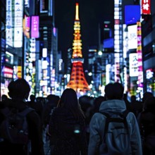 Tokyo streets at night with water puddles reflecting a neon glow and bustling crowd, AI generated