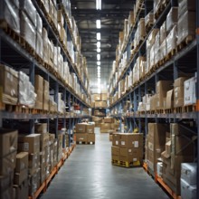 Distribution warehouse with cardboard boxes neatly stacked on pallets, AI generated