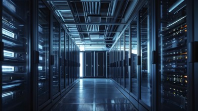 Modern server room filled with racks of computers and intricate installations, AI generated