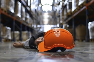 Worker with safety helmet lying on warehouse floor after accident. KI generiert, generiert, AI