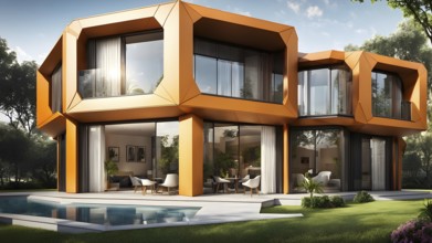 Modern residential house inspired by honeycomb hexagonal patterns, AI generated