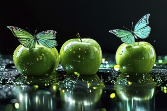 AI generated surreal food art blending sliced vibrantly green apples arranged on a reflective black