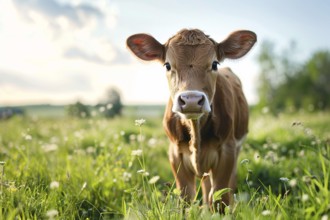 Cute young brown calf on sunny meadow with flowers, AI generated