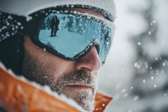 Close up of man's face with large skiing sunglasses and hat in winter. Generative Ai, AI generated