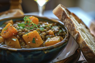 Bowl with pumpkin and lentil stew with slice of bread. Generative Ai, AI generated