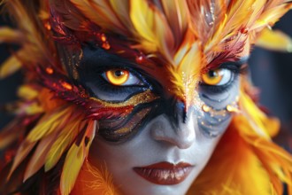 Woman's face with Halloween phoenix bird costume makeup with feathers. Generative Ai, AI generated