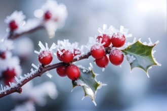 Frosty holly branch with vibrant red berries covered in delicate ice crystals, symbol for upcoming