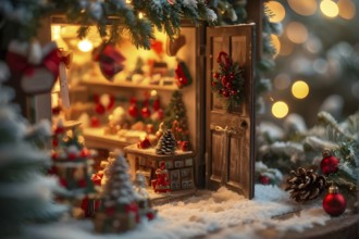 Traditional advent calendar door opening, showing a tiny festive scene inside with miniature