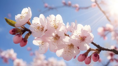 Blooming cherry blossoms with soft pink petals against a clear blue sky, with delicate sunlight