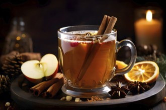 Steaming apple cider in a glass mug, garnished with a cinnamon stick and star anise, surrounded by