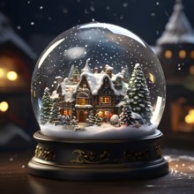 Snow globe with a tiny festive village inside, capturing the swirling snow and the light