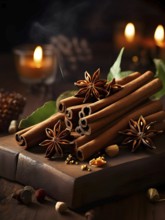 Christmas spices like cinnamon sticks, star anise, and cloves arranged on a wooden table, with soft