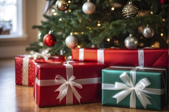 Beautiful wrapped Christmas gifts with shiny ribbons and bows stacked under a evergreen tree in a