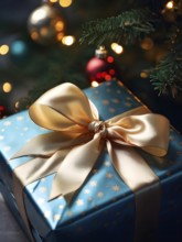 Close-up of a beautifully wrapped Christmas gift with a satin ribbon, set under a glowing Christmas