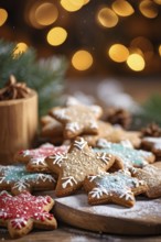 A detailed shot of Christmas cookies on a wooden table, featuring star-shaped cookies with colorful