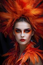 Portrait of woman adorned in a halloween phoenix costume, AI generated