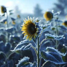 Detailed close-up of frost patterns on sunflowers on a meadow, AI generated