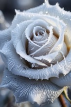 Detailed close-up of frost patterns on a white rose, AI generated